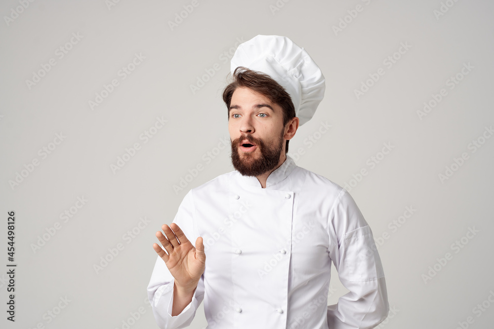 male cook Chef uniform Cooking emotions gourmet light background male cook Chef uniform Cooking emotions gourmet light background
