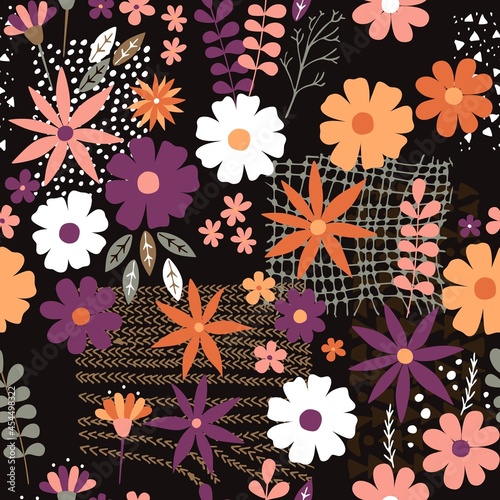 Seamless pattern with flowers, leaves and doodle elements. Creative floral design. Print for fabric and textile. Vector illustration.