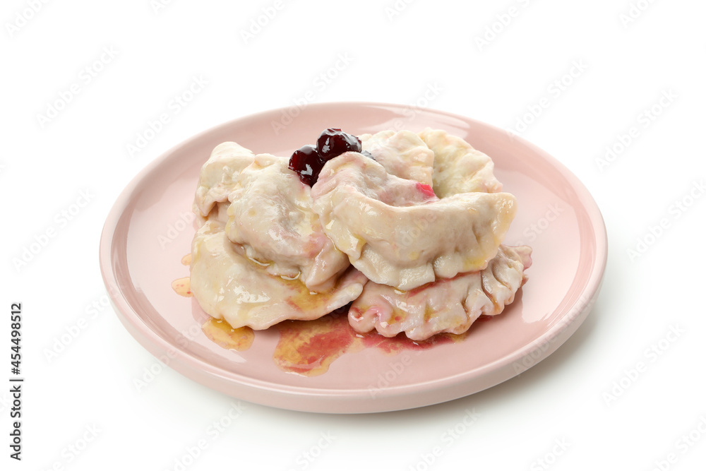 Plate with pierogi with cherry isolated on white background Plate with pierogi with cherry isolated on white background