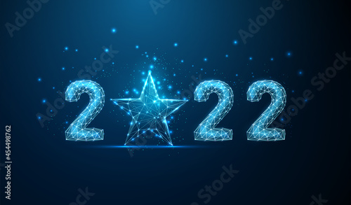 Abstract Happy 2022 New Year greeting card with blue star