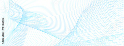 Light blue thin curves. Technology line art pattern. Futuristic abstract background. Vector guilloche design. Colored watermark. Template for landing page, banner, voucher, cheque. EPS10 illustration