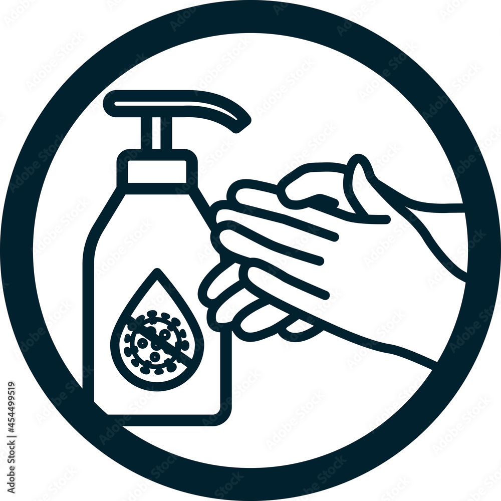 Hand disinfectant sign with bottle and hands Hand disinfectant sign with bottle and hands