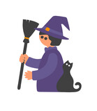 Flat style witch with broom and black cat.