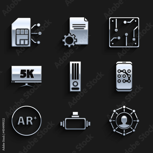 Set Video game console, Virtual reality glasses, Project team base, Mobile and graphic password protection, Ar, augmented, Monitor display with 5k video, Processor and Sim card icon. Vector