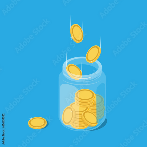 Glass money jar full of gold coins