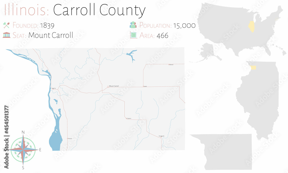 Large and detailed map of Carroll county in Illinois, USA.