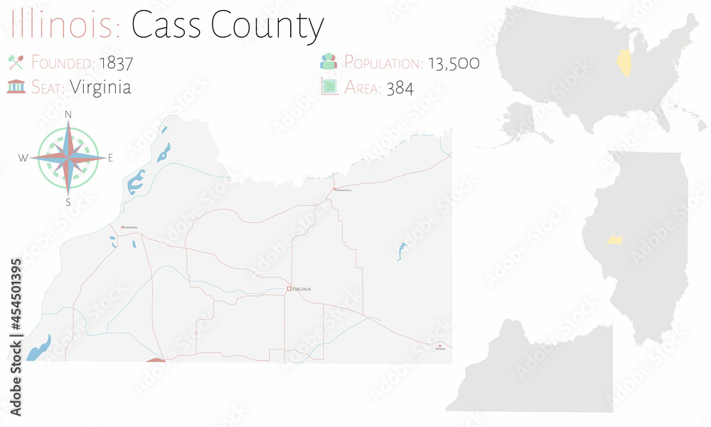 Fototapeta premium Large and detailed map of Cass county in Illinois, USA.
