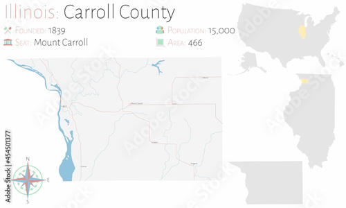 Large and detailed map of Carroll county in Illinois, USA.