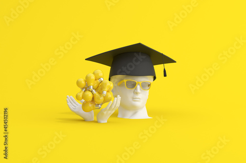 3d rendering of graduation cap on happy human sculpture and group of light bulbs. photo