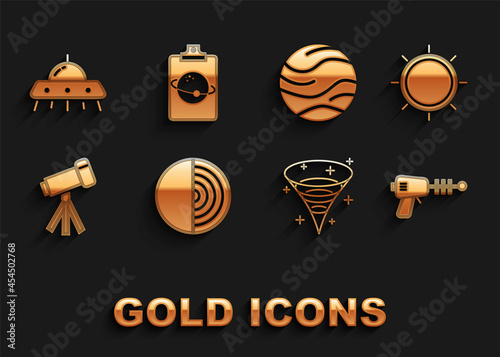 Set Earth structure, Sun, Ray gun, Black hole, Telescope, Planet, UFO flying spaceship and icon. Vector