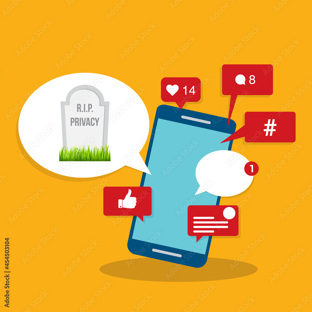 Social media concept - Viral content, social activity and smm - likes, shares and comments popping up on the mobile screen, with a speech bubble and a tombstone with rest in peace privacy text. Social media concept - Viral content, social activity and smm - likes, shares and comments popping up on the mobile screen, with a speech bubble and a tombstone with rest in peace privacy text.