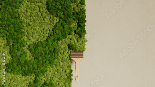 Fototapeta Naklejka Na Ścianę i Meble -  Clean environment, painting the wall with a paintbrush, creating a clean environment by planting trees, green nature on the wall, 3d rendering