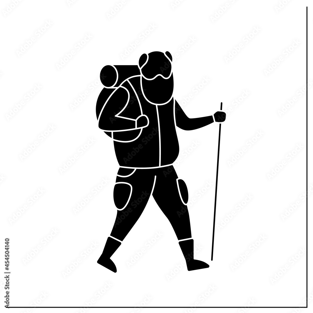 Fototapeta premium Hiking glyph icon. Vigorous walk.Keeps muscles in tonus. Physical activity. Safety workout for older people. Senior exercise concept.Filled flat sign. Isolated silhouette vector illustration