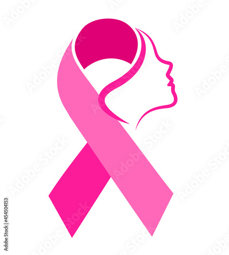 Woman face in pink ribbon. Breast Cancer Awareness Month Campaign. Icon design for poster, banner.