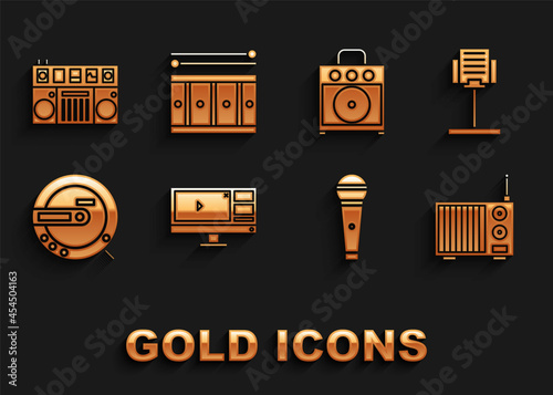 Set Video recorder or editor software on monitor, Music stand, Radio with antenna, Microphone, CD player, Guitar amplifier, DJ remote for playing mixing music and Drum drum sticks icon. Vector
