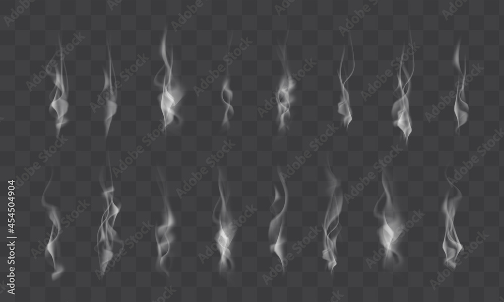 Set of realistic white smoke steam, waves from coffee, tea, cigarettes, hot food isolated on transparent background. Vector illustration Set of realistic white smoke steam, waves from coffee, tea, cigarettes, hot food isolated on transparent background. Vector illustration