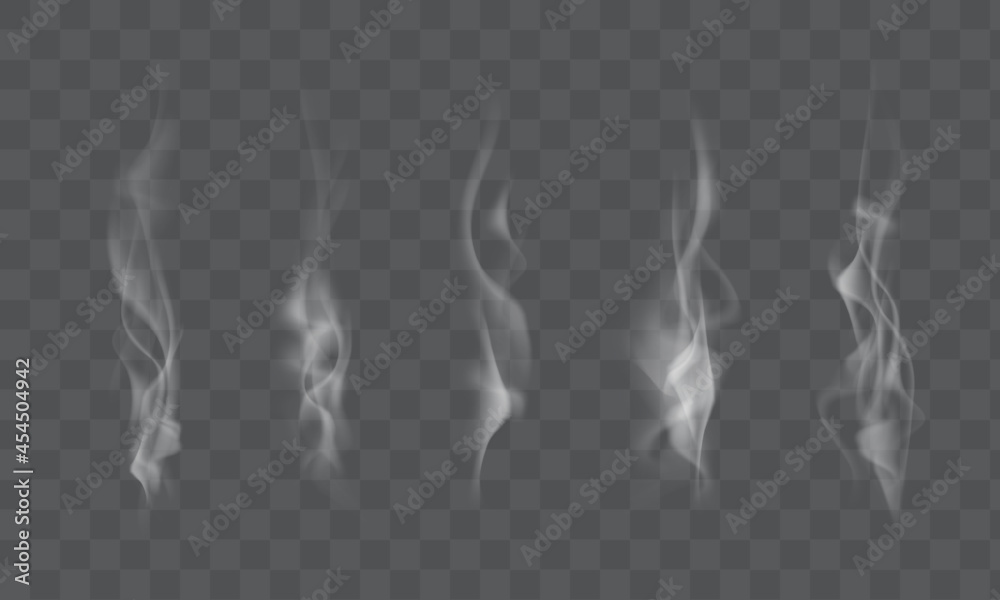 Set of high detailed smokes from coffee, tea, cigarettes, hot food isolated on transparent background. Vector illustration