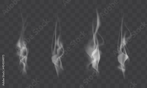 Set of isolated smoke on a transparent background. White steam from a cup of coffee or tea. Vector illustration