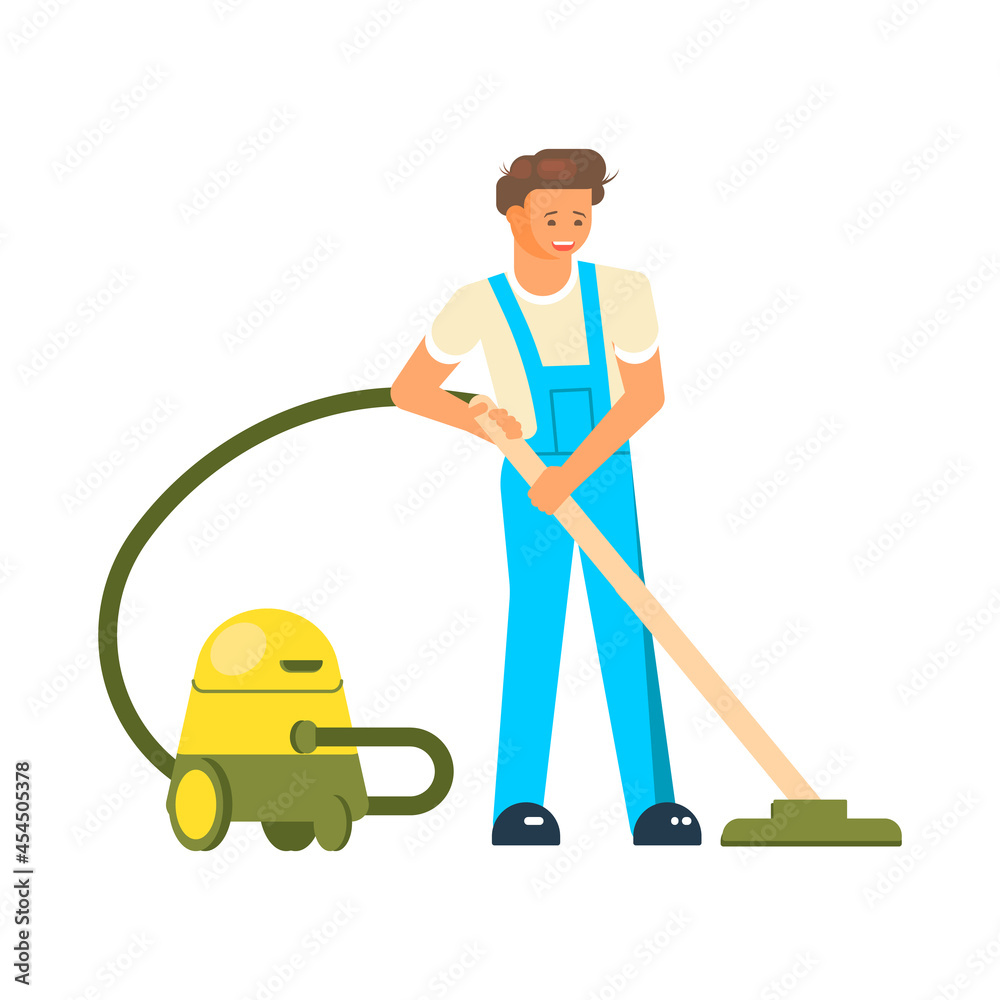 Male friendly cleaner with a vacuum machine dressed in work clothes Male friendly cleaner with a vacuum machine dressed in work clothes