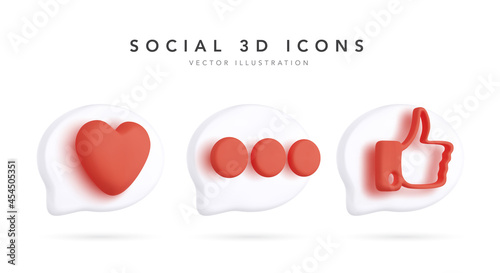 Collection of white 3d realistic bubbles with red social media and digital marketing icons. Vector illustration photo