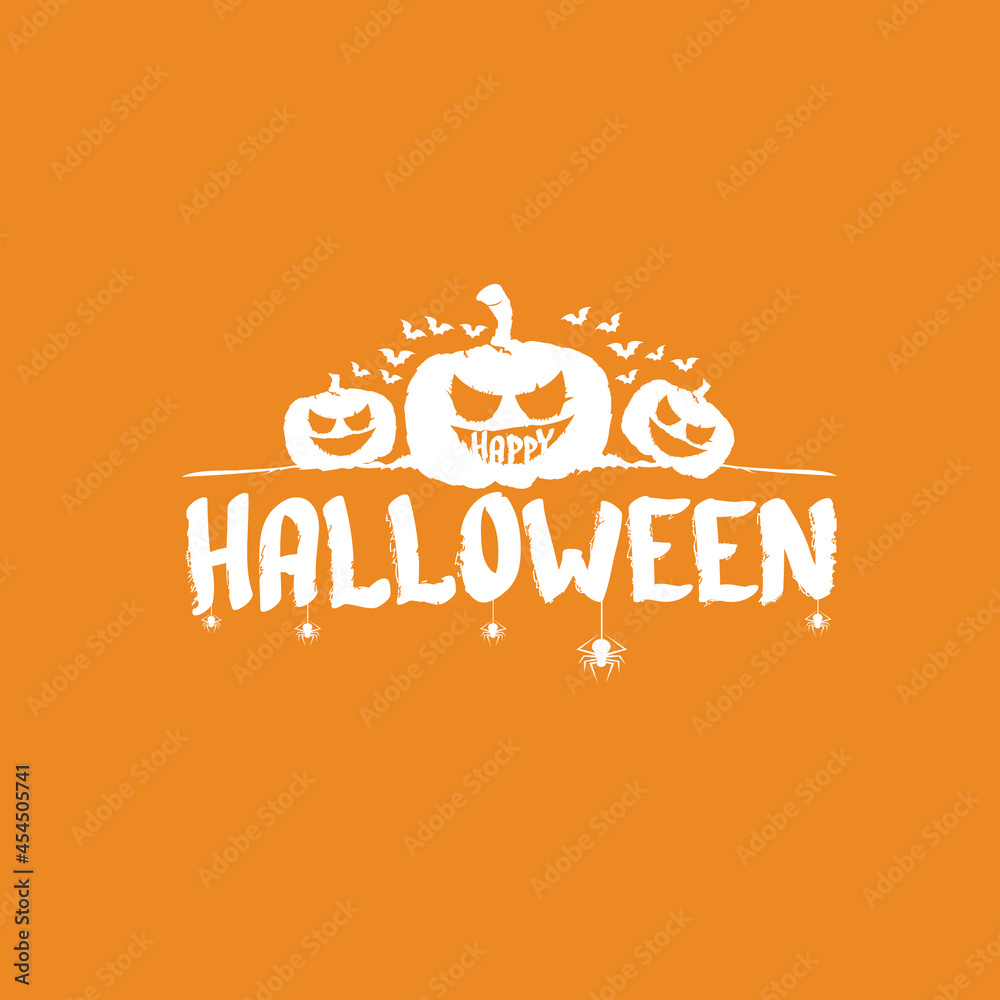 Happy Halloween Banner, greeting card or background with Vector white Halloween label with scary pumpkin isolated on orange abstract background.