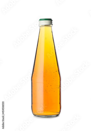 Bottle of tasty apple juice on white background