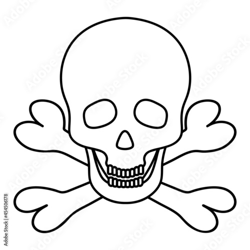 Skull and crossbones. Sketch. Vector illustration. An integral part of the skeleton. Outlines on an isolated background. Doodle style. Pirate symbol. Jaw with straight teeth. Hollows instead of eyes 