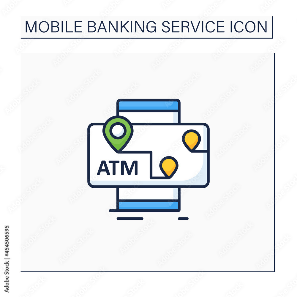 ATMs mobile map color icon. Location automated teller machine.Marker with ATM cashpoint bank. GPS locations. Online mobile banking service concept. Isolated vector illustration ATMs mobile map color icon. Location automated teller machine.Marker with ATM cashpoint bank. GPS locations. Online mobile banking service concept. Isolated vector illustration