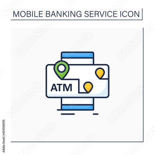 ATMs mobile map color icon. Location automated teller machine.Marker with ATM cashpoint bank. GPS locations. Online mobile banking service concept. Isolated vector illustration