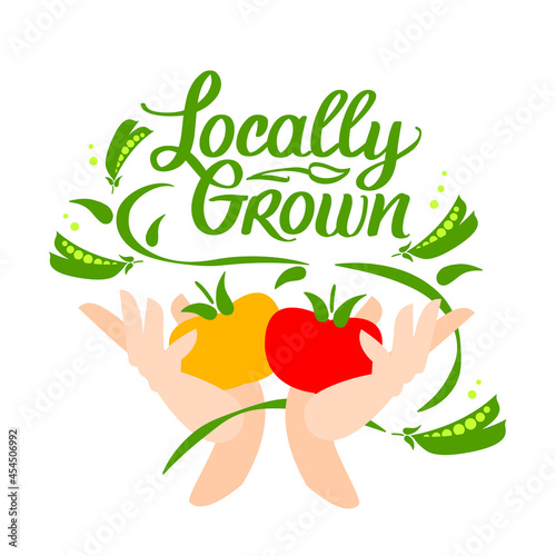 Locally grown. Vector logo, locavore food. Lettering with calligraphy with vegetable. Hands hold tomatoes and peas. For locally shop, farmers market.