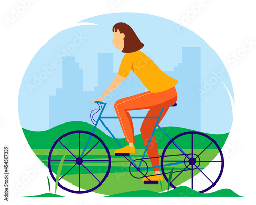 Young girl riding a bicycle in the park. Summer vector illustration.