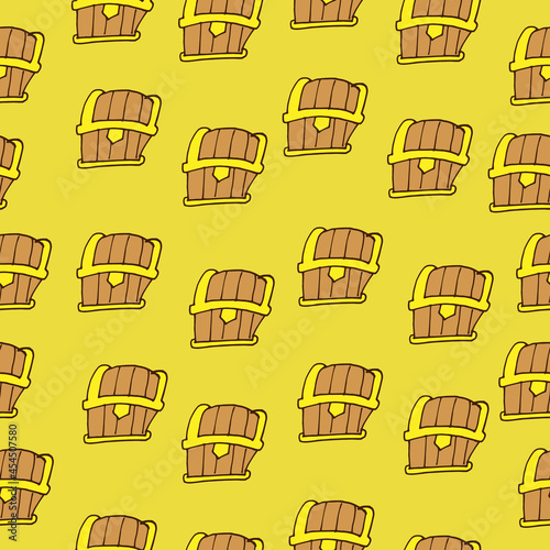 treasure chest illustration on yellow background. hand drawn vector. seamless pattern. vintage and antique. closed  keyhold wood chest. doodle art for wallpaper  wrapping paper  backdrop  fabric. 