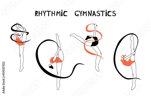 Vector illustration of rhythmic gymnastics. Woman with ribbon. Cartoon charcater.Olympic sport