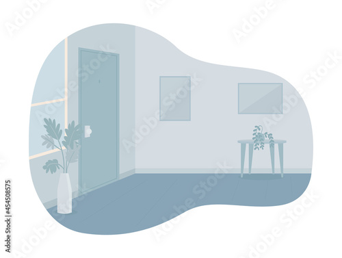 Empty room with closed door 2D vector isolated illustration. No people at place flat characters on cartoon background. Living room decoration interior. Nobody at comfortable dwelling colourful scene