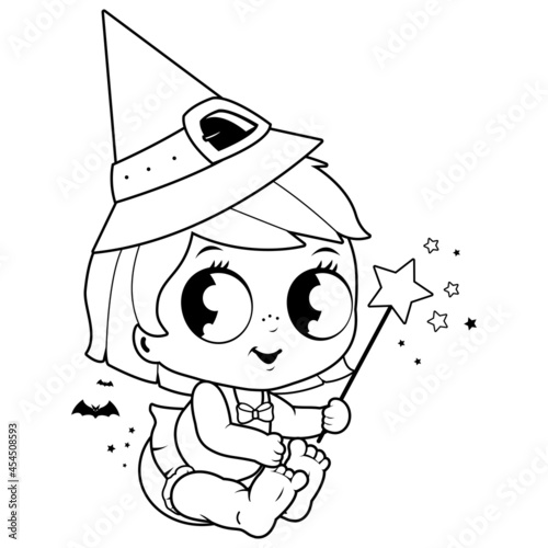 Cute baby girl in a Halloween witch costume. Vector black and white coloring page.