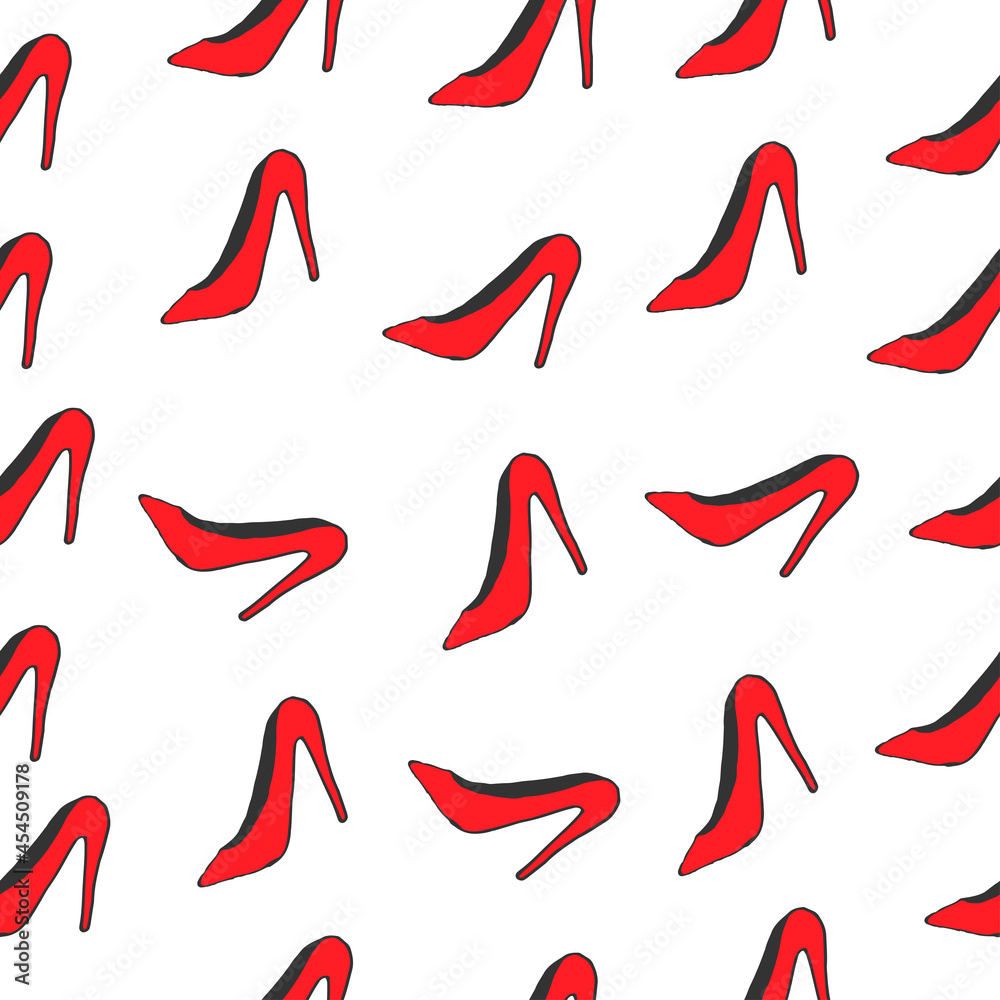 red high heels illustration on white background. seamless pattern, hand drawn vector. beauty shoes for woman. heel shoes. doodle art for wallpaper, wrapping paper, backdrop, banner, fabric. elegant. 