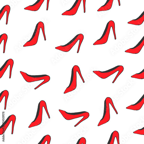 red high heels illustration on white background. seamless pattern, hand drawn vector. beauty shoes for woman. heel shoes. doodle art for wallpaper, wrapping paper, backdrop, banner, fabric. elegant. 