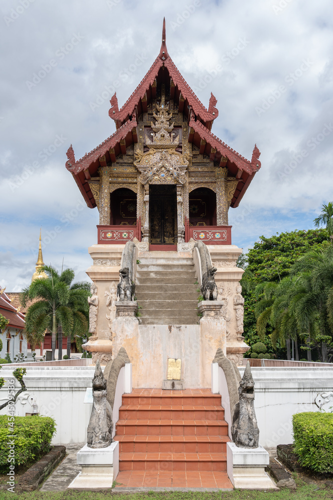 Front view of ancient Hor Trai library at famous landmark Wat Phra Singh buddhist temple, Chiang Mai, Thailand