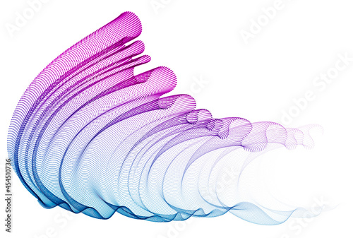 Flowing energy particles, wave of blended dots transparent tulle textile on wind. Curved dotted 3d lines vector effect illustration. 3d futuristic technology style.