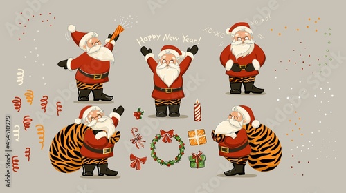 A large set. Funny Santa Claus in cartoon style in different poses with elements of Christmas and New Year. vector.