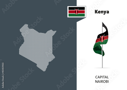 Flag of Kenya on white background. Dotted Map of Kenya with Capital name - Nairobi.	