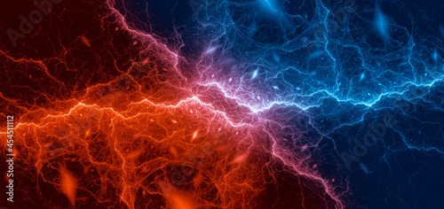 Blue and red lightning, abstract plasma background fire and ice elements