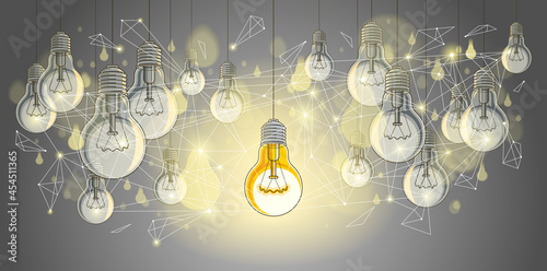 Idea concept light bulbs vector illustration with single one is shining, think different, creativity, be special, leadership.
