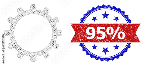 95% scratched stamp, and cog icon polygonal structure. Red and blue bicolored stamp includes 95% tag inside ribbon and rosette. Abstract flat mesh cog, created from flat mesh.