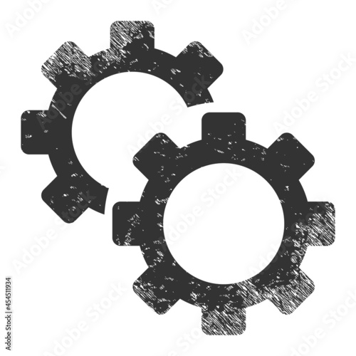 Gears icon with scratched effect. Isolated vector gears icon image with scratched rubber texture on a white background.