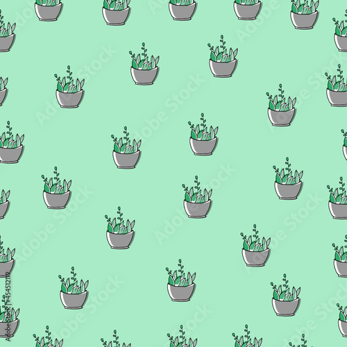 potted plant illustration on green background. green leaf, houseplant, flowerpot icon. seamless pattern, hand drawn vector. doodle art for wallpaper, wrapping paper, fabric, textile, backdrop, cover. 