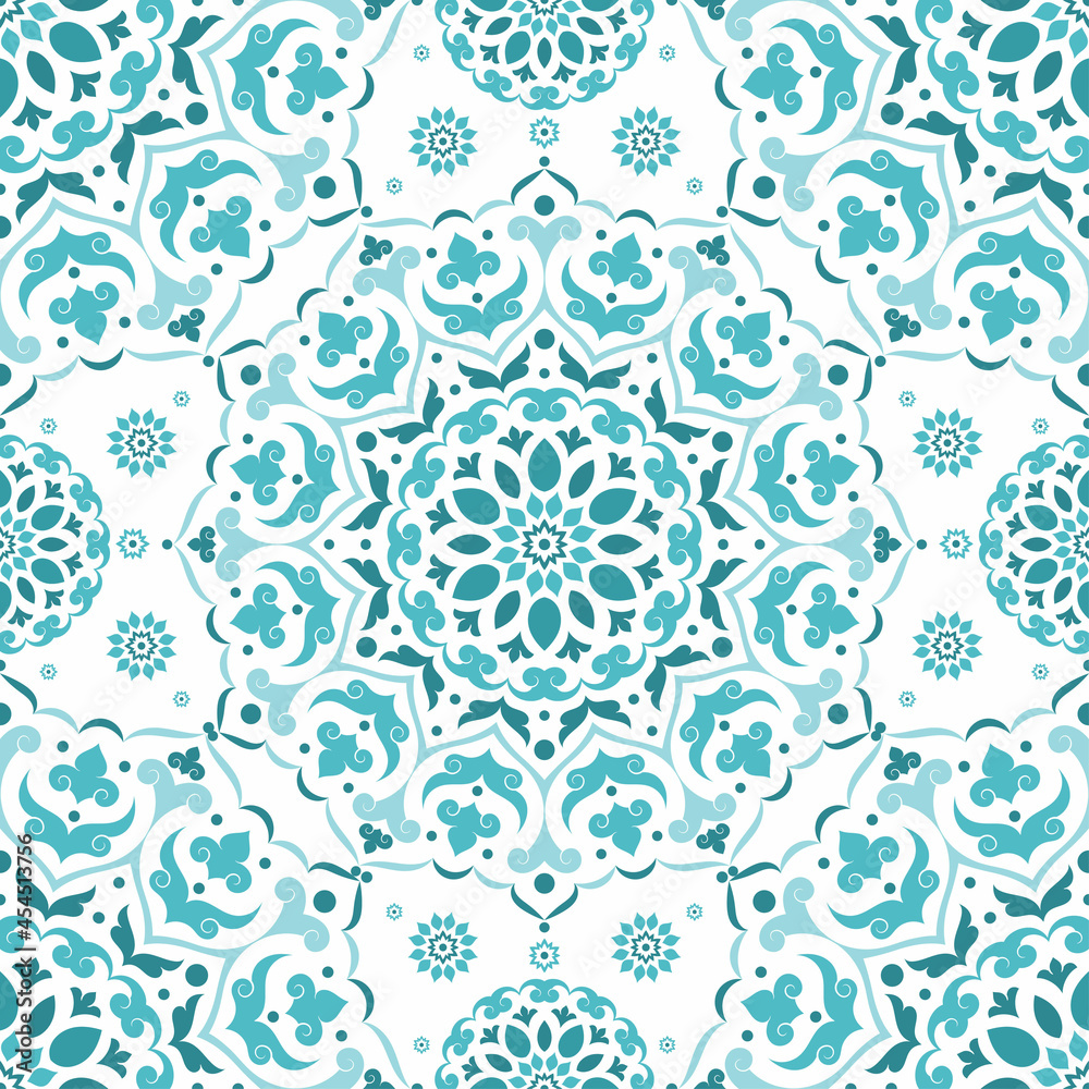 Turquoise and white seamless pattern with mandala ornament. Traditional Arabic, Indian motifs. Great for fabric and textile, wallpaper, packaging or any desired idea.