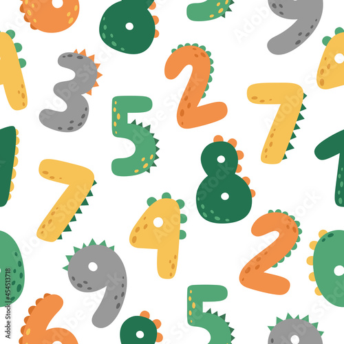 A fun seamless pattern with numbers. Multi-colored numbers in the style of dino. Vector illustration for children