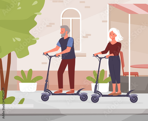 Old people riding electric scooters on city street vector illustration. Cartoon happy man woman senior rider characters have fun, pensioners ride personal eco transport on road or park background