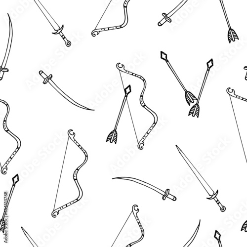 vintage weapon, bow with arrow and sword illustration isolated on white background. seamless pattern, hand drawn vector. doodle art for wallpaper, wrapping paper, backdrop, fabric. sharp weapon. 
